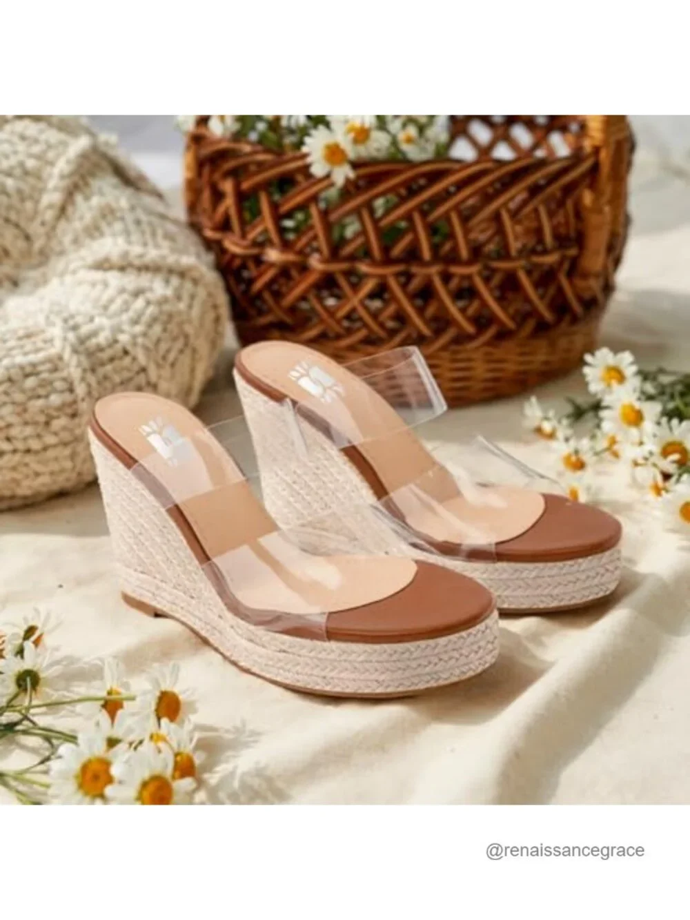 Women's Espadrille Wedge Sandals Slide Platform Peep Toe PVC Straps